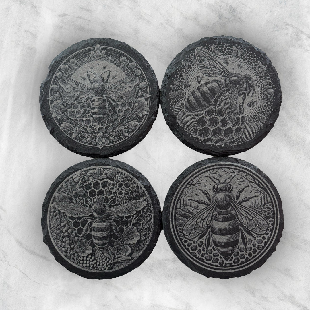 Slate Coasters featuring honey bees laser engaved onto them. Honey bees are extremely detailed and realistic